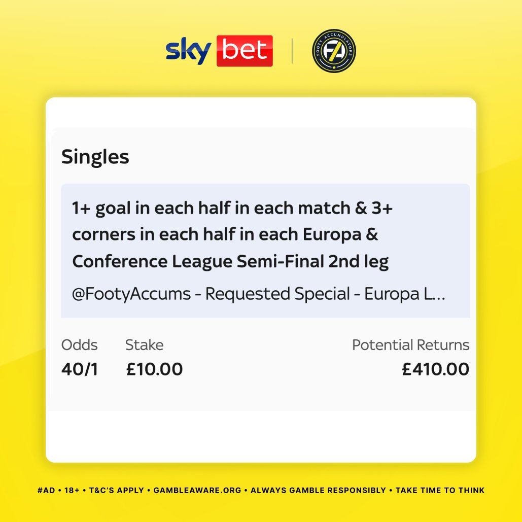 FootyAccums's tweet photo. RIGHT THEN! 👀

Europa & Conference League semi-final 2nd legs tonight and we've gone for this 40/1 boost. 🚀

Hit that ❤️ for the exclusive link! 

Ad 18+