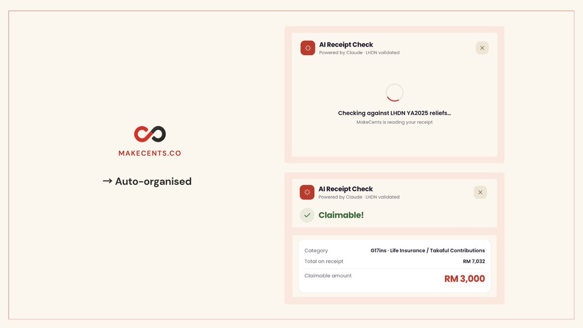 makecentsdotco's tweet photo. 3/5 It reads them, categorises by relief type, tells you exactly what to claim. No accountant. No Excel. https://t.co/HGUwZv6D8c