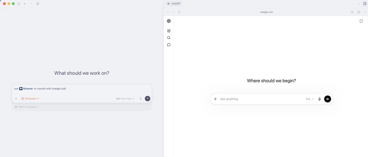 Codex app tip - ask the agent to consult with ChatGPT Pro for when you need max intelligence, e.g. a tech stack/architecture decision, a difficult bug, etc