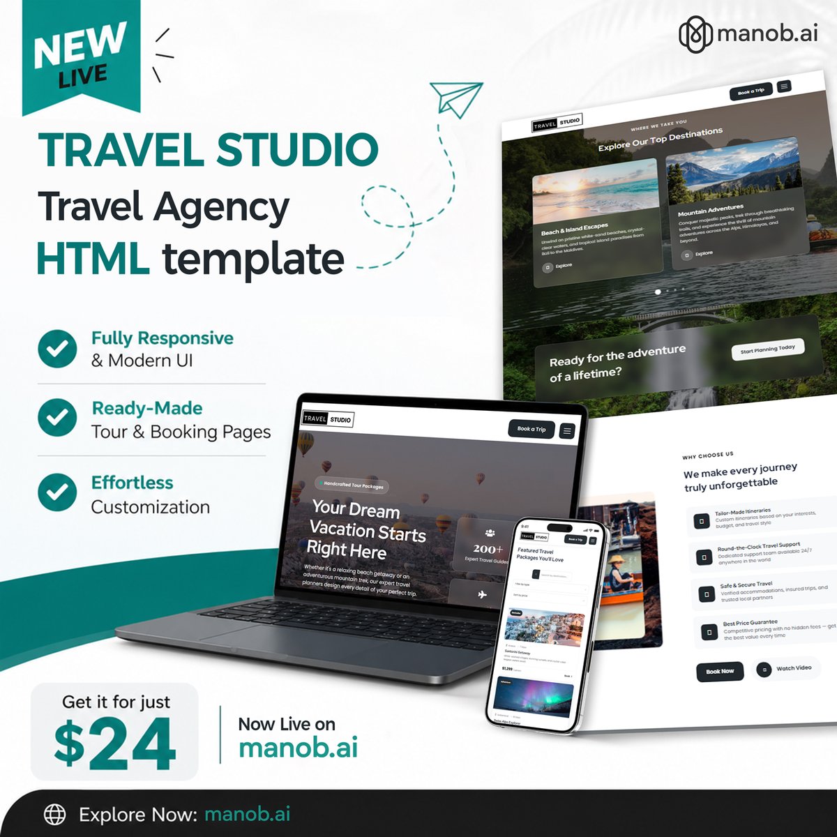 manob_ai's tweet photo. New Theme Now Live on https://t.co/P99QZCNTjP
Introducing Travel Studio – Travel Agency HTML Template
Now available on https://t.co/P99QZCNTjP for just $24
🔗Explore the theme: https://t.co/tDZzZjLE5G

#manobai #TravelStudio #NewTheme #HTMLTemplate #TravelAgency #ResponsiveDesign https://t.co/njclobEyIj