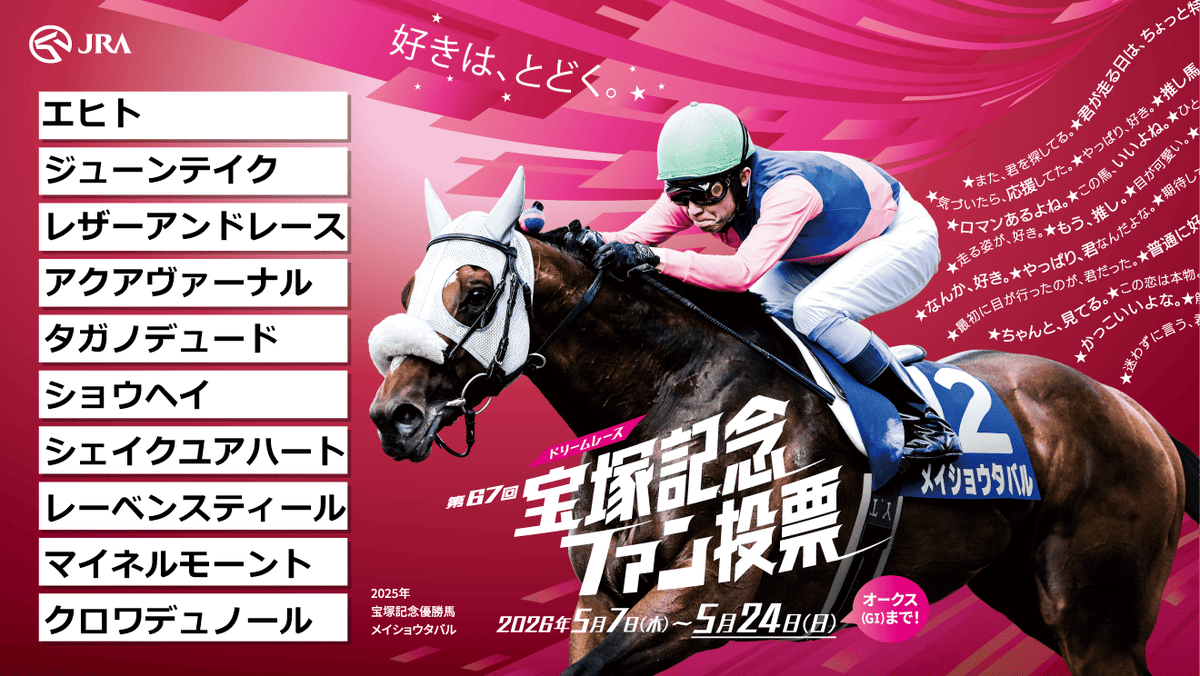 jackshowy's tweet photo. 宝塚記念ファン投票実施中！
下記URLからキャンペーンに参加して、
#えらべるPay をゲットしよう！
https://t.co/aqd1fKgRwL
@takarazuka_fv

#宝塚記念ファン投票
#宝塚記念
#宝塚記念今年は6月14日 https://t.co/kp5ntkGI7g