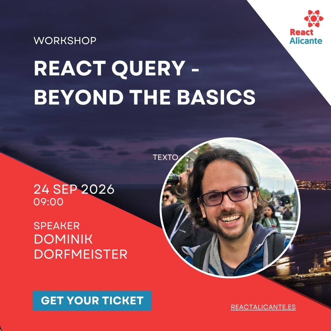 ReactAlicante's tweet photo. Join @TkDodo for a hands-on React Query workshop that goes beyond the fundamentals and helps you build the best possible user experience.

Bring your laptop, sharpen your React Query skills, and leave ready to build faster, smoother, more scalable apps.

https://t.co/cFLlEKHyFI https://t.co/XJFQtNWOCn