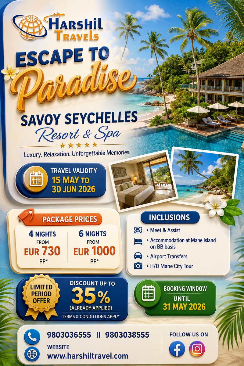 HarshilTravel's tweet photo. 🌴✈️ ESCAPE TO PARADISE WITH HARSHIL TRAVELS ✈️🌴

Dreaming of crystal-clear beaches, luxury resorts, and unforgettable sunsets? 🌊☀️
📞 Book Now: 9803036555 | 9803038555 https://t.co/d6LKGZKqK3