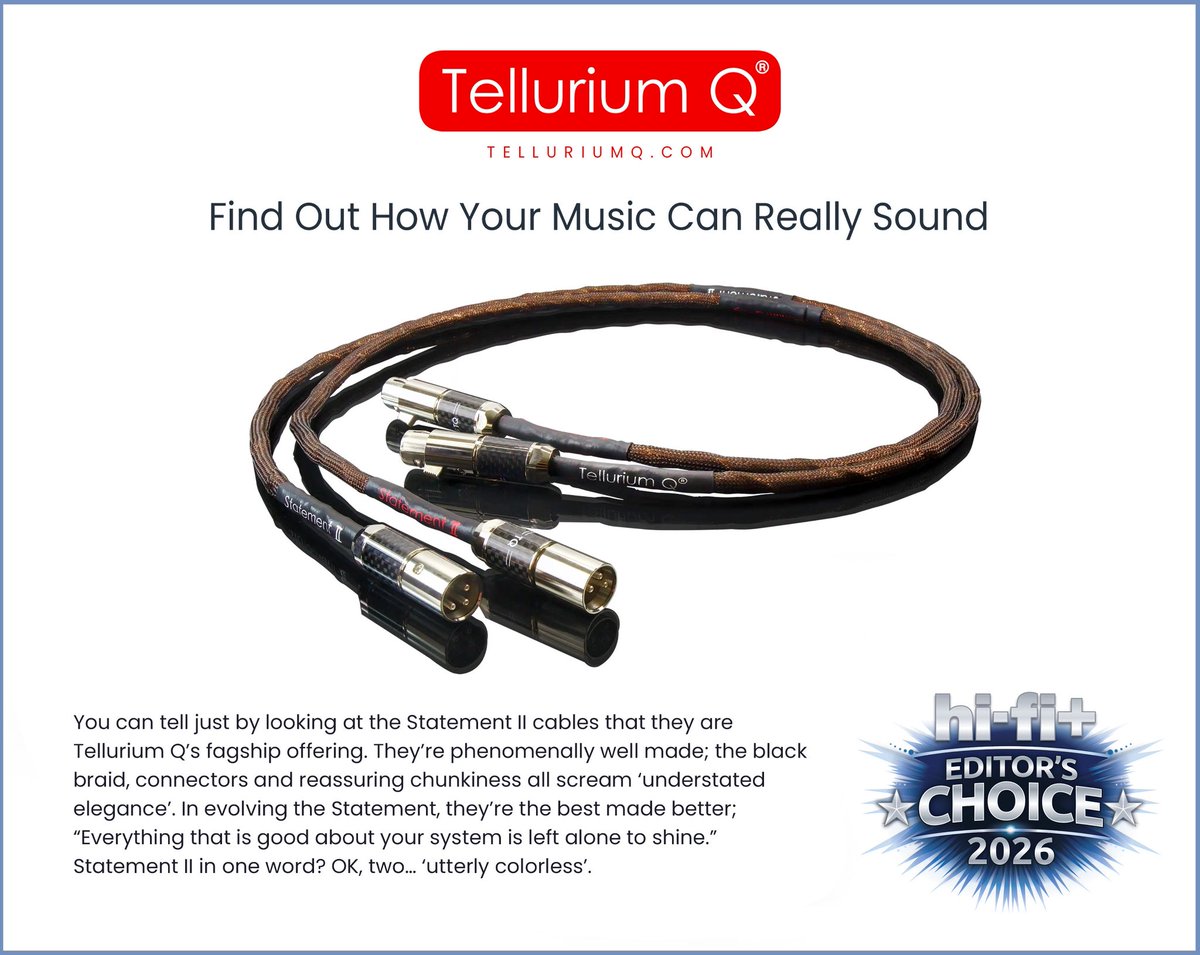 MerriganGeoff's tweet photo. HiFi + Editors Choice Award for Tellurium Q cables:

Statement II XLR : "Everything that is good about your system is left alone to shine.” https://t.co/WMpRo8sTe8
