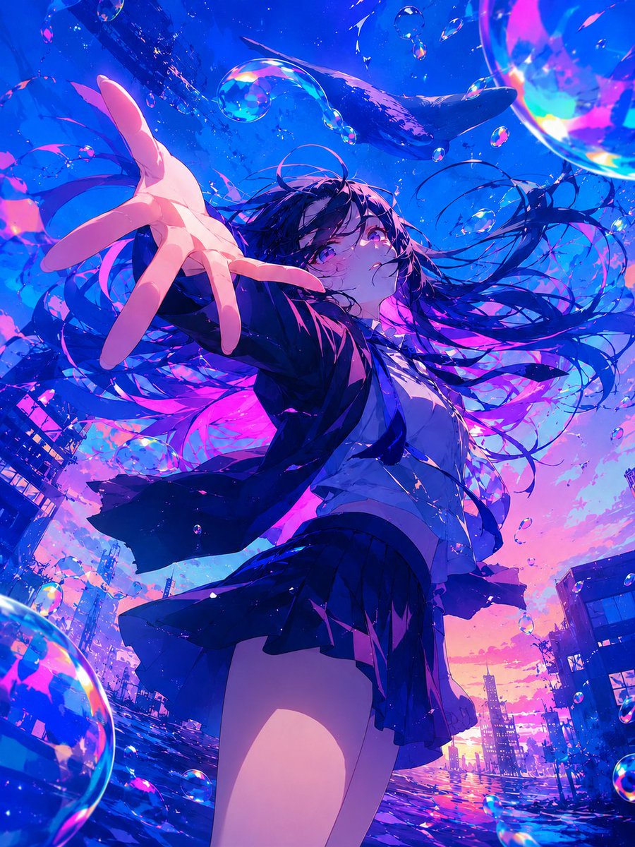 Surreal Anime Schoolgirl in Bubble Sky