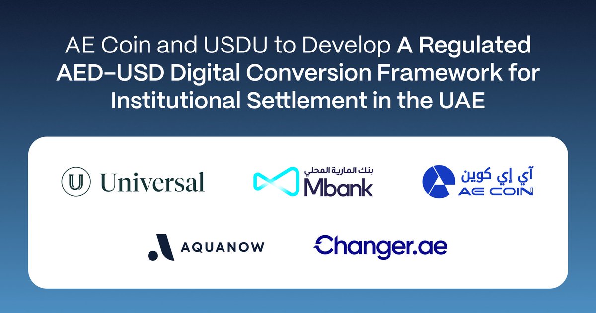 aquanow's tweet photo. We’re proud to support the development of a regulated AED–USD digital conversion framework between AE Coin and USDU, powered by Al Maryah Community Bank.

Alongside https://t.co/O5eU2G05PY, Aquanow will facilitate compliant access and execution for institutional settlement use cases in the UAE.

This marks an important step toward integrated multi-currency digital settlement infrastructure, with potential applications across cross-border financial flows and trade finance.

#Stablecoin #DigitalAssets #InstitutionalFinance
@almaryahbank @Universal_USDU