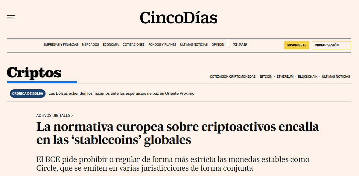 ECRI_CEPS's tweet photo. Our policy brief on the economic costs of restricting global #stablecoins has been featured in @CincoDiascom👇 

@judith_arnal argues that growing institutional scepticism risks leading to de facto exclusion from the 🇪🇺EU market.

🔗Read our policy brief: https://t.co/5TGkApdJzH https://t.co/BFlAFddh8F