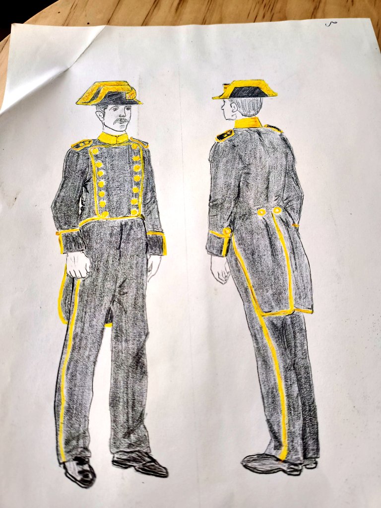 Cosas que van apareciendo por mi casa:
Boceto original realizado a mano por Antonio Campos (el abuelo) del primer uniforme basado en la benemérita de <a href="/AgrupacionVR/">Virgen de los Reyes</a> en los años 90.
Posteriormente llegó incluso a hacer una figurita vestida para ver el resultado final.