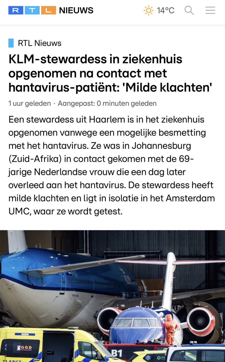 Una sobrecargo de la aerolínea KLM fue hospitalizada por posible contagio de hantavirus, luego de tener contacto
con una pasajera neerlandesa del crucero MV Hondius, de 69 años, quien había sido llevada a Johannesburgo y falleció. 

Vía <a href="/DrEricDing/">Eric Feigl-Ding</a>