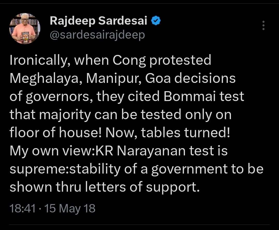 Today <a href="/sardesairajdeep/">Rajdeep Sardesai</a> says floor test is the way 

2018 when <a href="/BSYBJP/">B.S.Yediyurappa</a> was to form as largest party... his view was letter of support is needed. 

😂😂😂😂