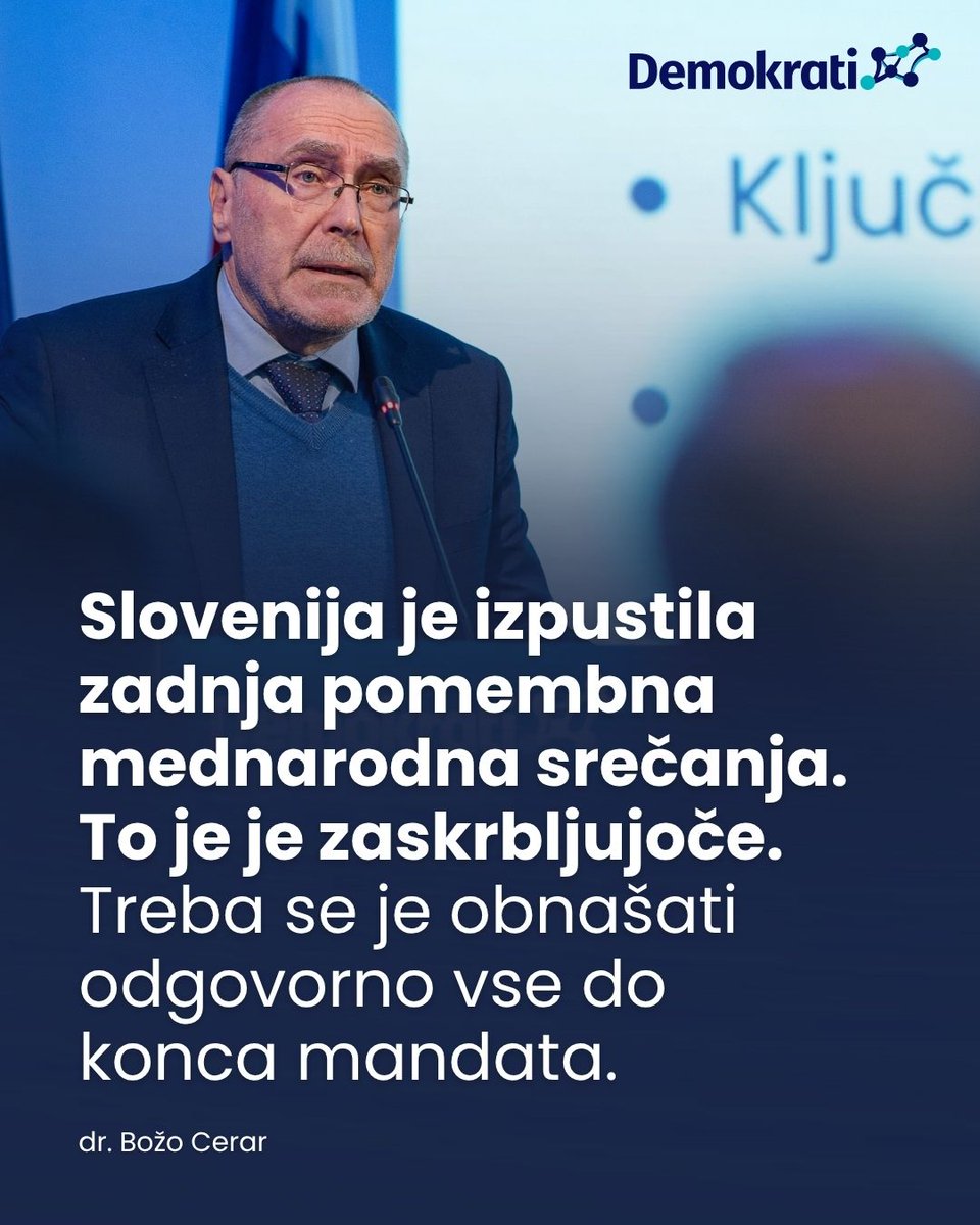 DemokratiSLO's tweet photo. ‼️ Interesi Slovenije so trenutno na čakanju. Pravi državniki se obnašajo odgovorno do konca mandata, ker imajo interesi države prednost pred osebnimi interesi. Ostale države so za razliko od nas resne. Vse se udeležujejo srečanj, ker se zavedajo, kaj lahko takšna odsotnost pomeni.

Robert Golob je izpustil celo neformalni vrh Evropske unije na Cipru, ki je bil namenjen resnim pogajanjem o novem večletnem finančnem okviru, pa tudi vrh Evropske politične skupnosti v Armeniji.

- dr. Božo Cerar za @RadioOgnjisce