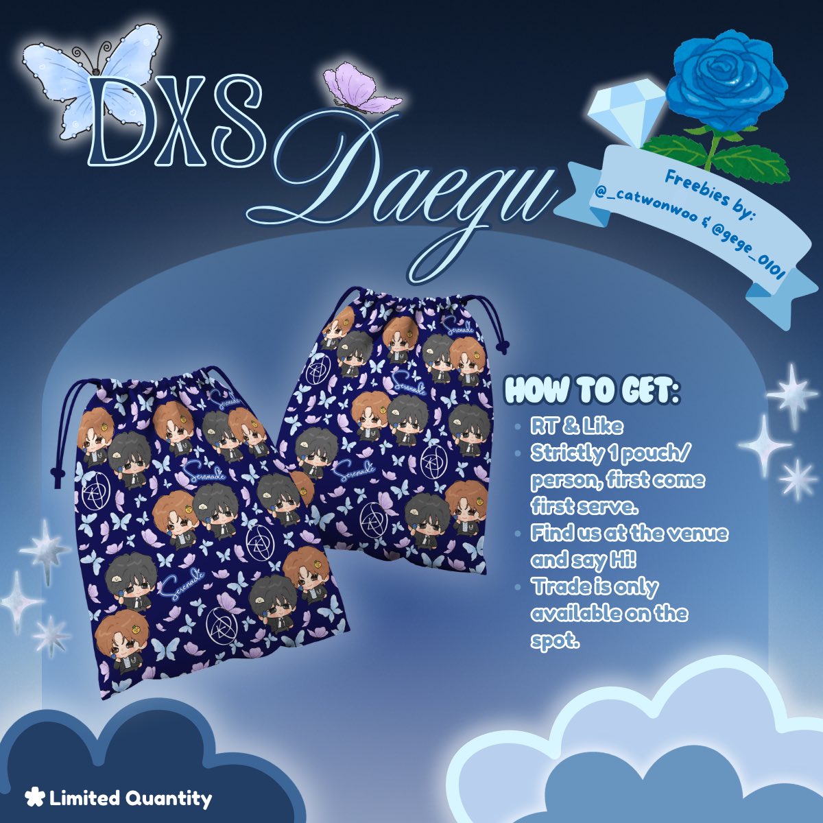 ⋆.˚🦋⋆.ೃ࿔* DxS [SERENADE] ON STAGE in Daegu Freebies ༘⋆🦋₊˚ෆ
— by <a href="/_catwonwoo/">Mils 𖧷</a> &amp; <a href="/gege_0101/">ge 🦌ྀིྀི</a> 

📍EXCO East Wing Hall 
⏰ TBA
🗓️ 30 - 31 May 2026

 ‼️ Limited Qty‼️

☆ RT &amp; Like are appreciated
☆ Don’t throw or sell
☆ Tag us if you get it

𝓢𝓮𝓮 𝔂𝓸𝓾 𝓽𝓱𝓮𝓻𝓮,