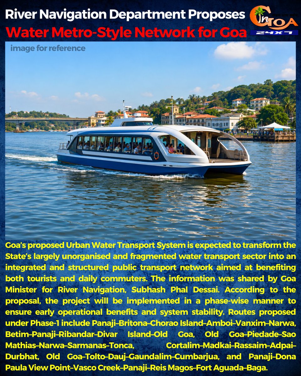 InGoa24x7's tweet photo. River Navigation Department Proposes Water Metro-Style Network for Goa
#Goa #GoaNews #RiverNavigation #MetroStyleNetwork https://t.co/NmVlnT2sPY