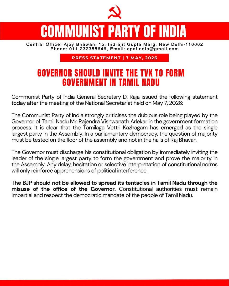 CPI_National's tweet photo. Governor Should Invite the TVK to Form Government in Tamil Nadu: CPI https://t.co/wU50kwg1pe