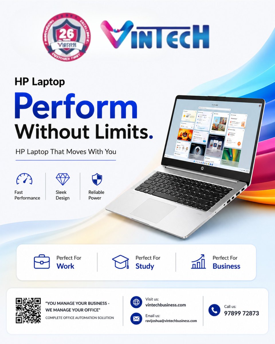 Vintechbspl's tweet photo. Your day moves fast. Your laptop should keep up.

📞 Call Now To Get Started 97899 72873
📍 Vintech Business Solutions | Chennai

#HPLaptop #WorkSmart #BusinessLaptop #ChennaiBusiness #OfficeSetup #ProductivityTools #VintechBusiness #LaptopUpgrade #DigitalWork #TechForWork https://t.co/MYKCp1rS3I