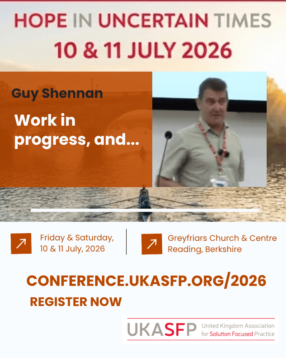 ukasfp's tweet photo. The smallest words in a conversation might be doing the most work.
Join us at Guy Shennan's work in progress session to push the edges of Solutions Focus practice at #UKASFP2026 🗓 10–11 July, Reading 🔗 https://t.co/gewI1bt0M9 — concession rates available
#SolutionFocused #SFBT https://t.co/0kwWFT2cXr