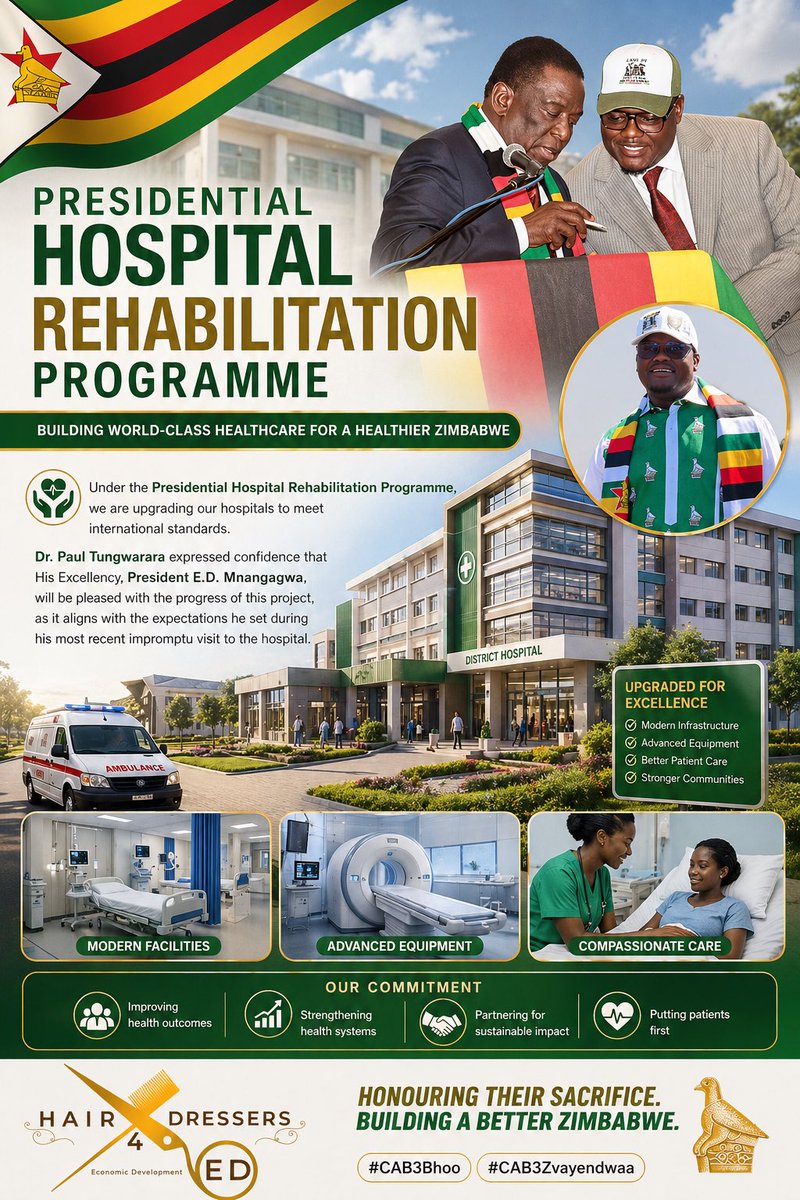 Hairdresse9808's tweet photo. Dr. Paul Tungwarara expressed confidence that H.E @edmnangagwa will be pleased with the progress being achieved, in line with the vision he set during his recent hospital visit.
A healthier Zimbabwe is being built today for future generations.
#CAB3Bhoo #CAB3Zvayendwaa #EDWork https://t.co/bv3x1o3ori