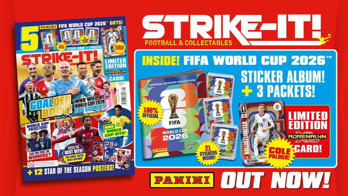 OfficialPanini's tweet image. Don't miss the latest issue of Strike-It!
It comes with the Panini FIFA WORLD CUP 2026™ Official Sticker Collection album PLUS three sticker packets to get you started, as well as a Limited Edition Cole Palmer Adrenalyn XL card!
🛒 panini.link/strikeit156