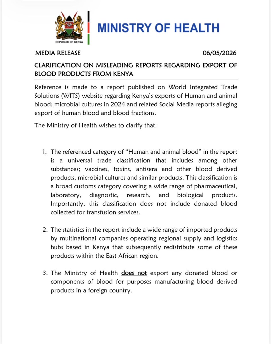 MOH_Kenya's tweet photo. CLARIFICATION ON MISLEADING REPORTS REGARDING EXPORT OF BLOOD PRODUCTS FROM KENYA https://t.co/PF6vufiu77
