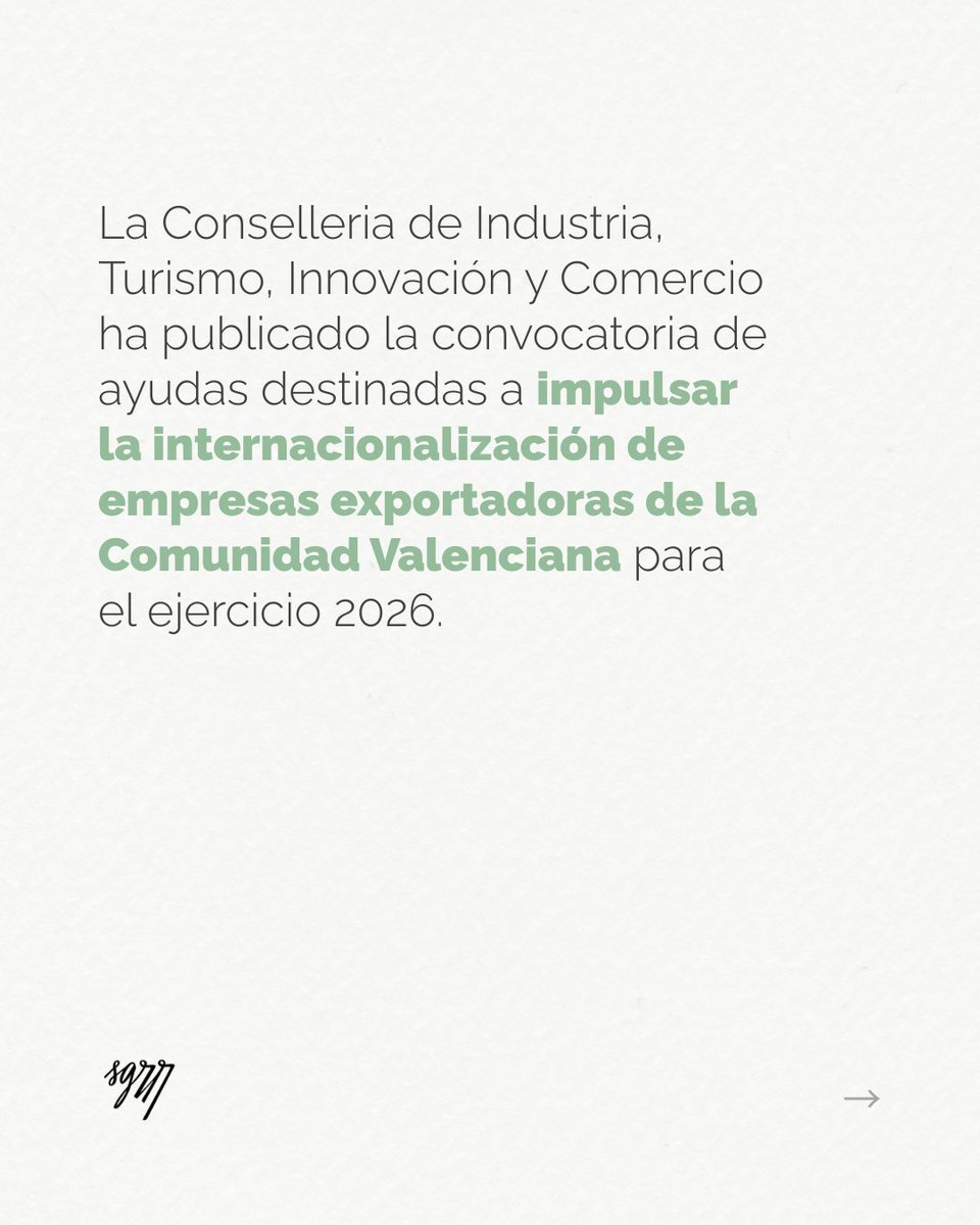 SEGARRAABOGADOS's tweet photo. #Circular / SGRR

📢 La Conselleria de Industria, Turismo, Innovación y Comercio ha publicado la convocatoria de ayudas 2026 para impulsar la internacionalización de las empresas exportadoras de la Comunidad Valenciana: 

https://t.co/MytlhCNLsH https://t.co/sMTfHDQFAK