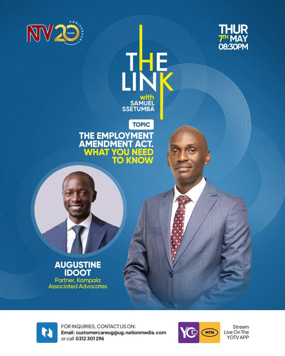 ntvuganda's tweet photo. Are you aware that if you keep a casual worker beyond six months, they legally become a full employee with all associated rights, including domestic workers?

Join @settsam and Legal Expert Augustine Idoot tonight at 8:30 PM as they break down the new Employment Amendment Act and what it means for employers and workers.  #NTVTheLink