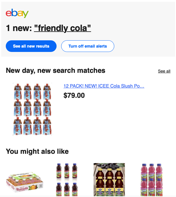 mcdblake's tweet photo. ebay: Oh, are you interested in memorabilia from a bygone era? You must like to drink generic cola.

Fun fact: "Friendly Cola" was the in-house soda created by Friendly's after a pricing dispute went south with Coca-Cola. Lasted just a few years. https://t.co/3VQx39m9yR