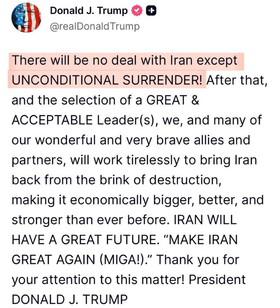 OriginalASI's tweet photo. I think @realDonaldTrump lied in this post that "There will be no deal with Iran except UNCONDITIONAL SURRENDER". Now, he's claiming in his recent posts that #US is #CLOSE to making a #DEAL with Iran 🇮🇷 https://t.co/tKv5JpByHL
