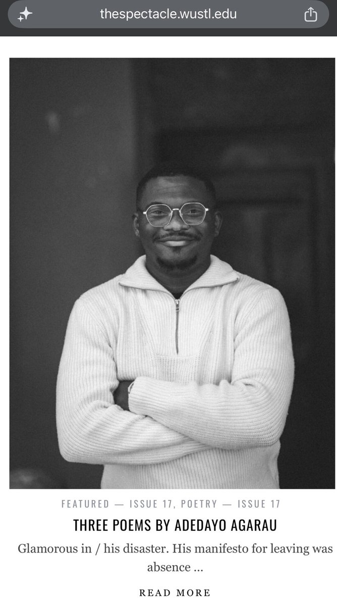 adedayoagarau's tweet photo. Pleased to share that I'm a featured poet in the most recent issue of The Spectacle where I have three poems. 

https://t.co/duwMOt78br https://t.co/e7TBkoSN9y