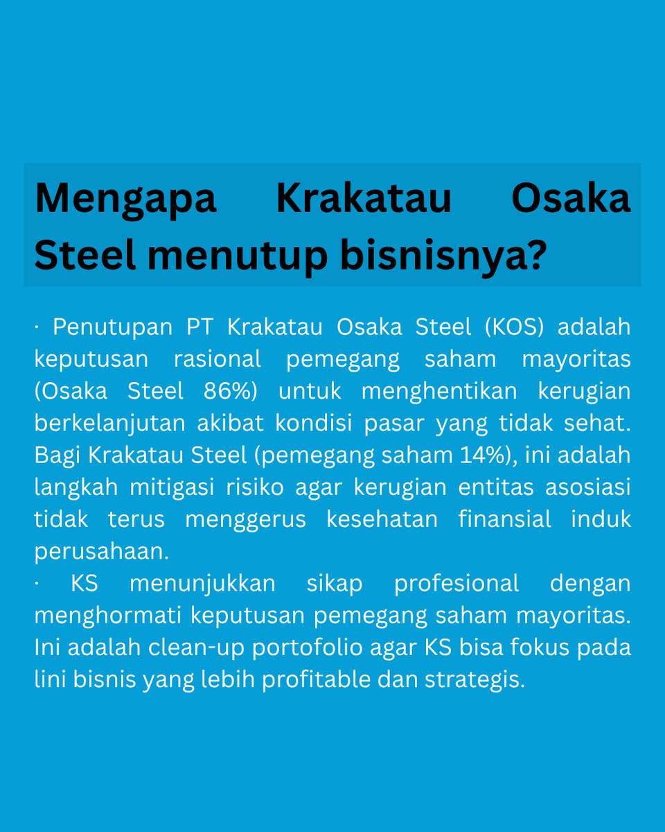 bobbymenra's tweet photo. Penutupan PT Krakatau Osaka Steel (KOS) adalah alarm keras: industri baja lokal tumbang akibat dumping impor China &amp; pasar yang jenuh. Butuh BMAD segera demi kedaulatan infrastruktur RI &amp; keadilan bagi para pekerja. Saatnya lindungi baja nasional https://t.co/ATjqVv2lrs