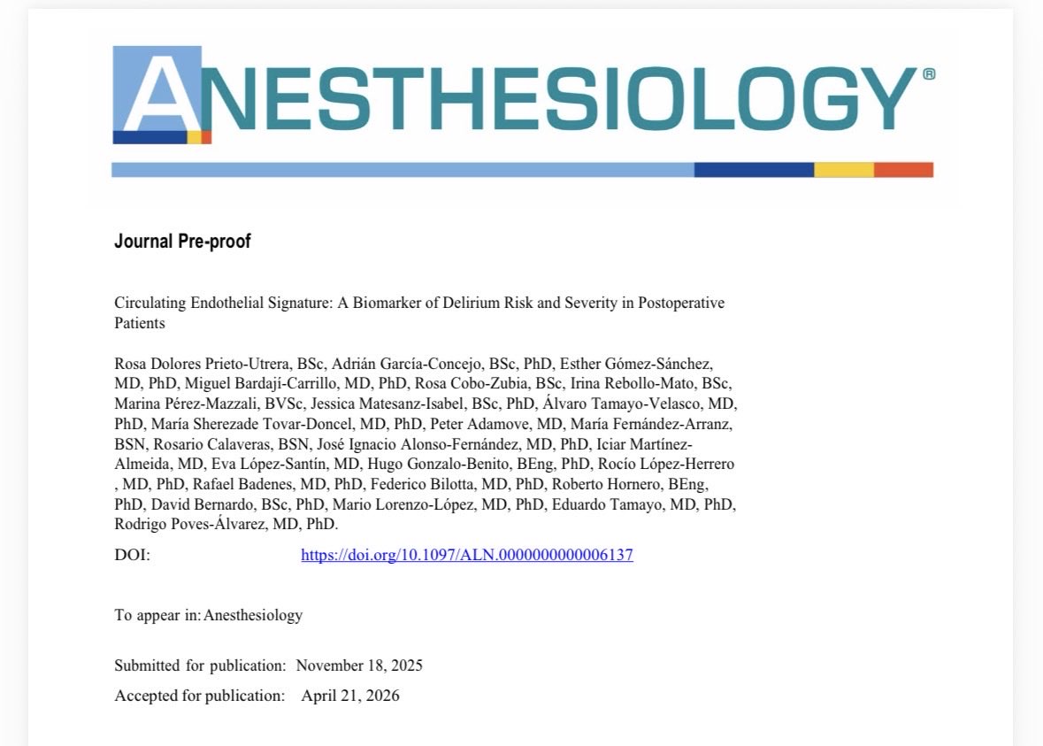 AnestesiaHCUV's tweet photo. ¡Hoy es un día muy importante para @AnestesiaHCUV!
Todo el esfuerzo se ve recompensado con la publicación de nuestro estudio en Anesthesiology ¡Un logro que nos impulsa a seguir apostando por la investigación y la excelencia! ¡Orgullosos! #anestesiaclinico #sinaflojar https://t.co/m1e2GHT3Lo