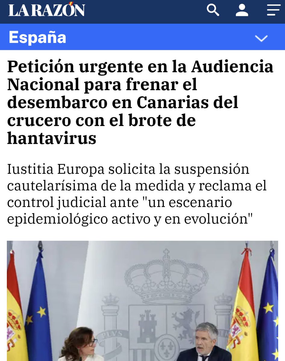 LMPardoAbogado's tweet photo. #Hantavirüs MÁS SEGURIDAD Y MENOS IMPROVISACIÓN

"@IustitiaEuropa esgrime que la operación de atraque, desembarco, traslado y repatriación del crucero "exige necesariamente la intervención de personal portuario, sanitario, Fuerzas y Cuerpos de Seguridad del Estado, transportistas y personal aeroportuario, entre otros". 

Y resalta que "las garantías sanitarias para estos colectivos y para la población general no pueden consistir en meras afirmaciones públicas de seguridad, sino que deben constar en protocolos verificables, planes de contingencia e informes de riesgo integrados en el expediente administrativo".

#IustitiaEuropa #Valencia #CanariasSeRespeta