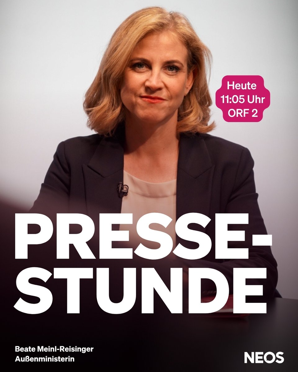 neos_eu's tweet photo. NEOS-Chefin und Außenministerin @BMeinl ist heute um 11:05 zu Gast in der ORF-Pressestunde.
Unbedingt einschalten! #pressestunde #orf2 #neos https://t.co/BgiBQTL3Zf