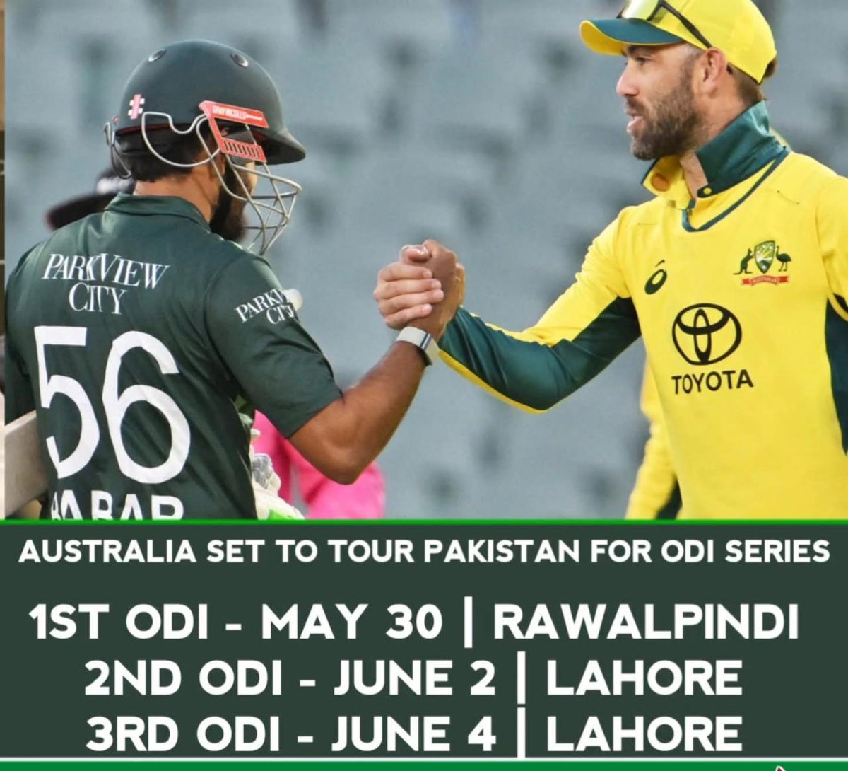 Alikhalid532650's tweet photo. Australia Set to Tour Pakistan for ODI Series 

Australia will land in Islamabad on May 23 ahead of the highly anticipated three-match ODI series against Pakistan. 

🕟 All matches will start at 4:30 PM PST.

Fans are ready for another thrilling 

#CricketNation #PAKvAUS https://t.co/98L2uI0cVj