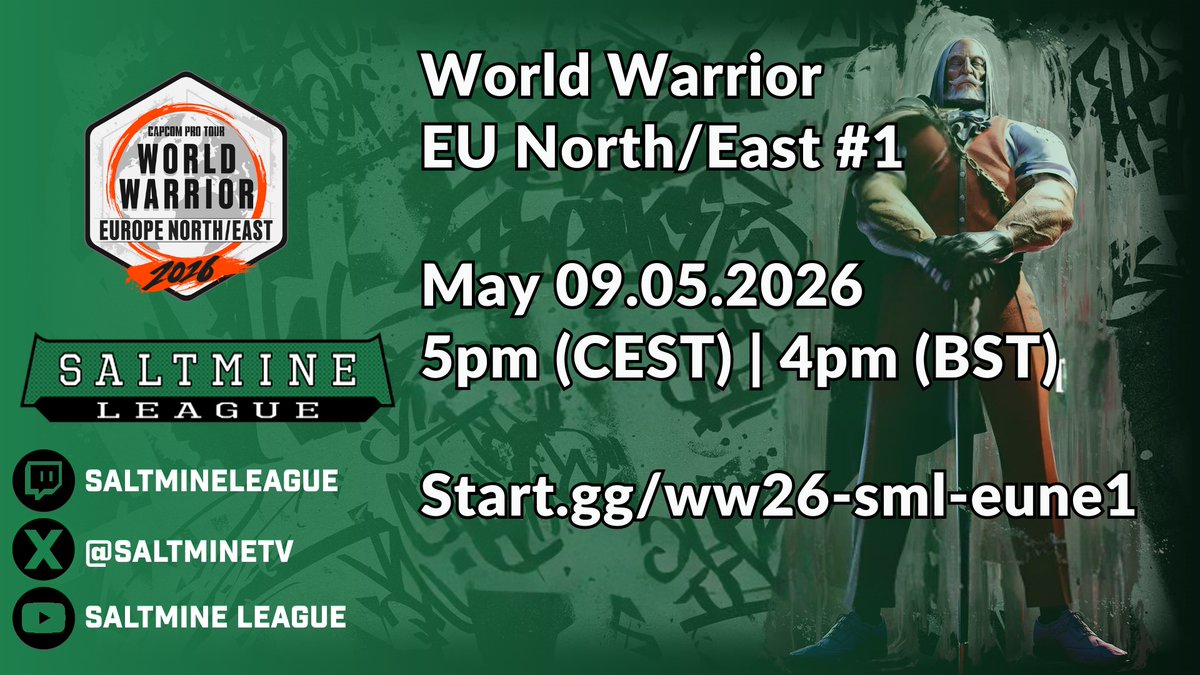 SaltmineTV's tweet photo. Only 2 Days left to sign-up for the first #StreetFighter6 #CPTWW2026 #SML "Europe North/East" Tournament!  #FGC #SF6   

Registration closes: 09.05.2026, 12pm (CEST)
Tournament start: 09.05.2026, 5pm (CEST)        

Sign-Up: https://t.co/mml8kOem5B  
Discord: https://t.co/I26fP4m66F