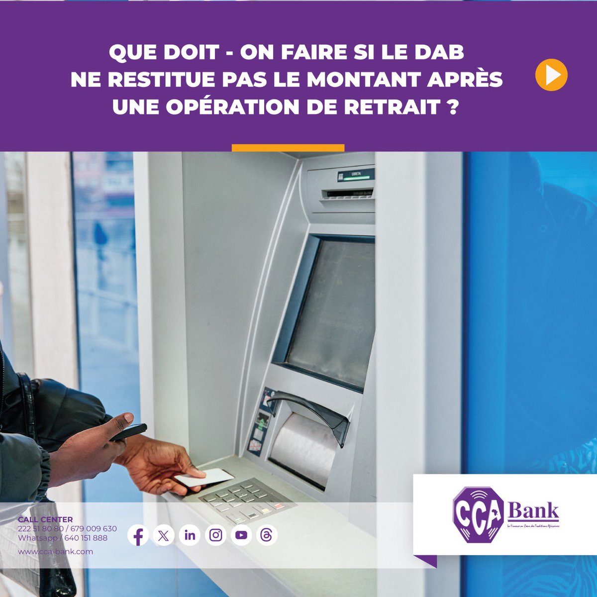 cca_bank's tweet photo. Pas de panique, un incident technique au distributeur ne signifie pas que votre argent est perdu. Nous mettons tout en œuvre pour résoudre ces situations rapidement.
Suivez la démarche et nos équipes s'occupent du reste pour régulariser votre situation.
#CCABank https://t.co/f1c2cGjjei
