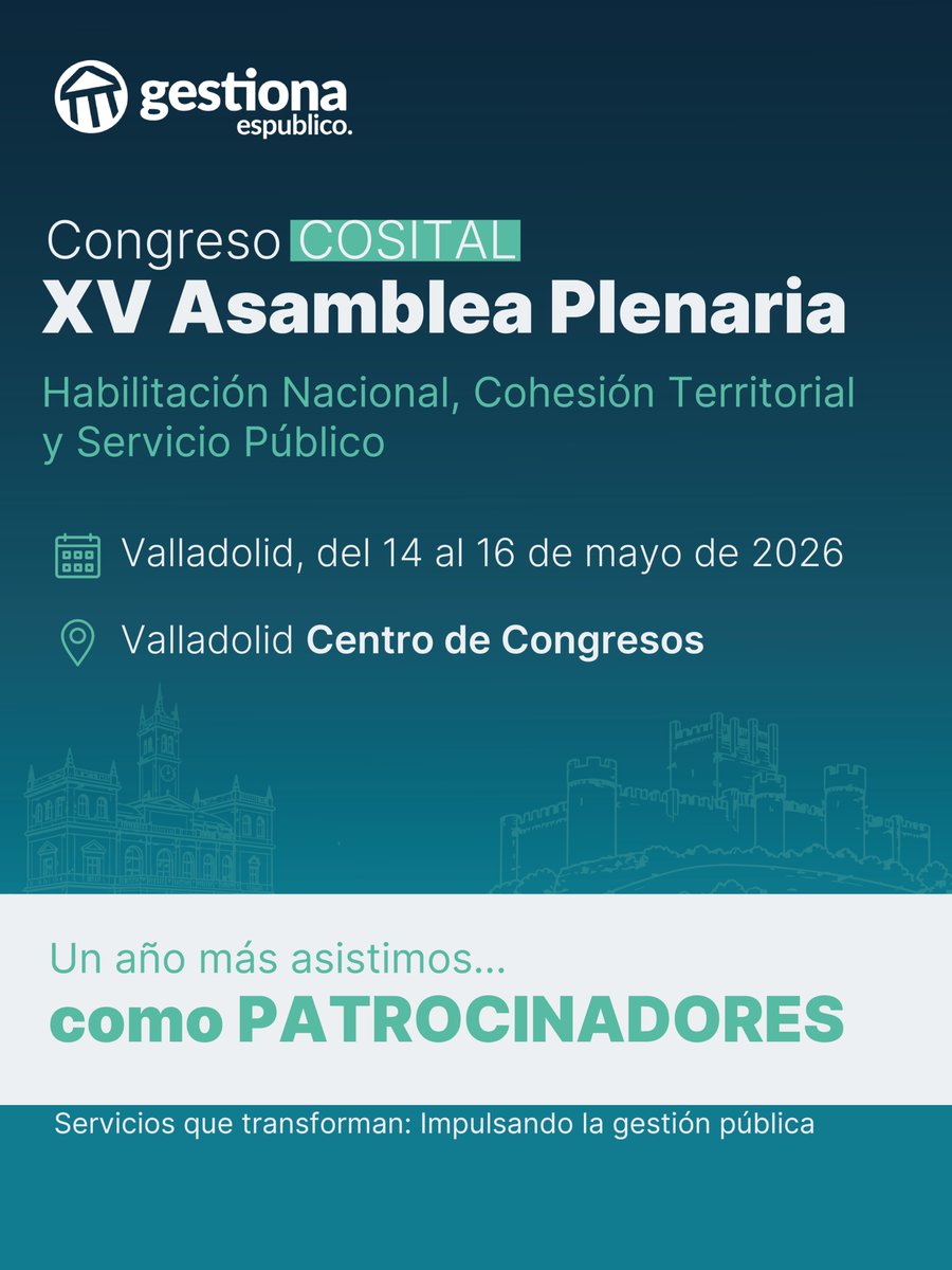esgestiona's tweet photo. Expedientes, normativa, plazos… 📋 Si trabajas en gestión local, ya sabes.

Del 14 al 16 de mayo, Gestiona espublico y espublico contenidos estaremos en el #COSITAL2026 de Valladolid como patrocinadores 🙌

📍 Pásate por el stand. Traete las preguntas difíciles. https://t.co/q3a4kgxfay