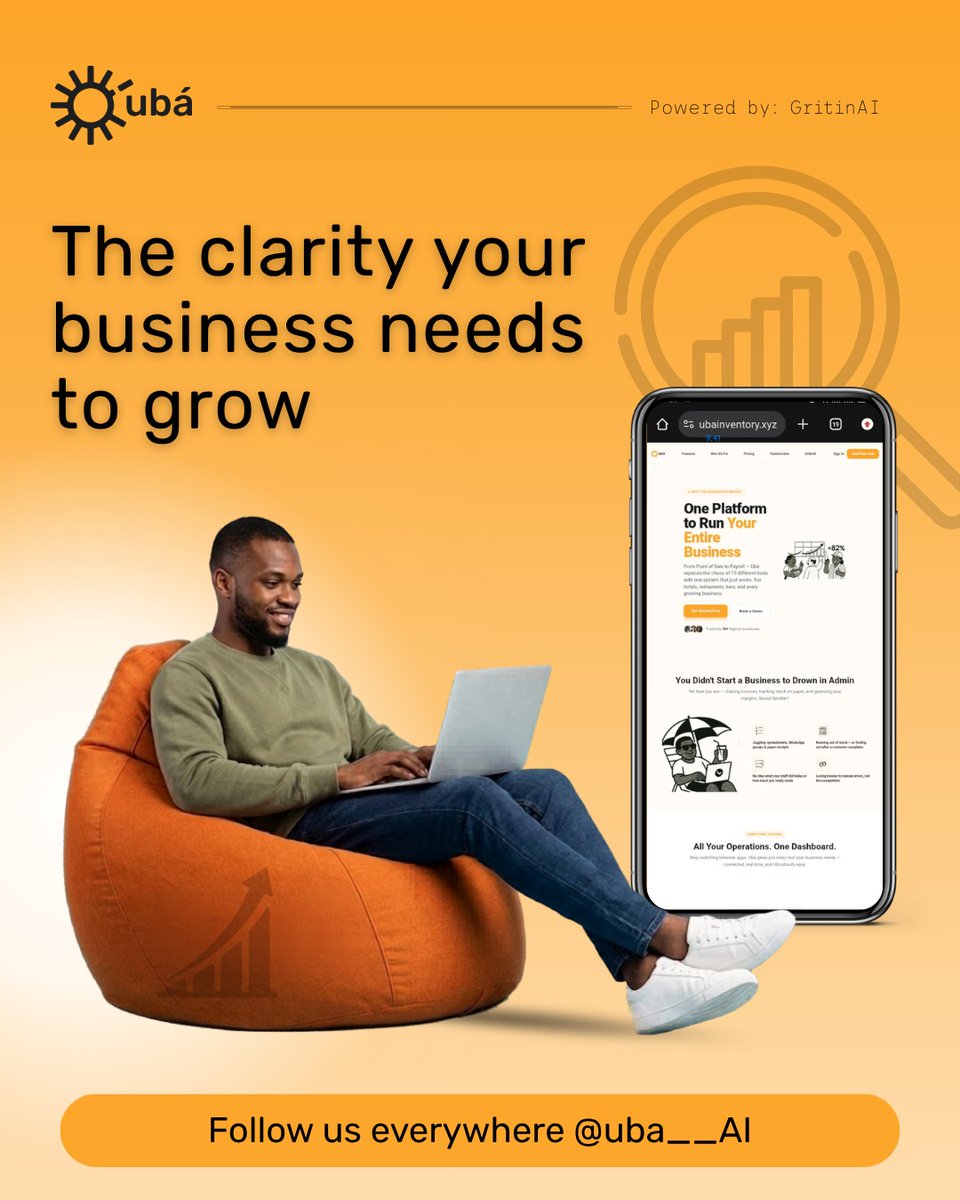 Uba__AI's tweet photo. Time's up, running a business should no longer Nigeria feel confusing.

Ubá gives you the clarity you need to move with confidence every day. https://t.co/YhWfpPaPU3