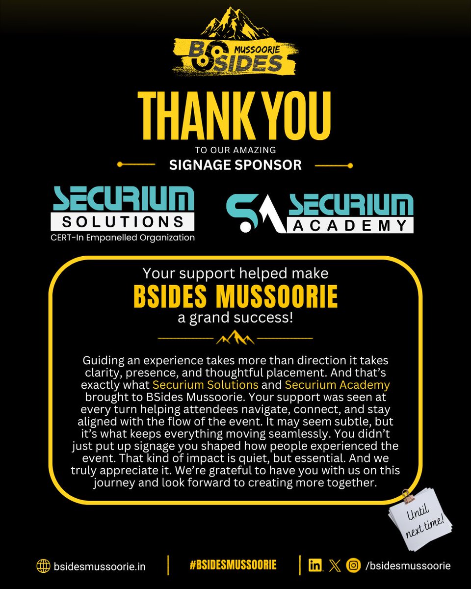 BsidesMussoorie's tweet photo. Behind every smooth experience is the support that keeps everything connected. 🧭

A huge thank you to @securiumsoln & @Securium_academ , our Signage Sponsors, for helping guide the BSides Mussoorie experience from start to finish.

Your support brought clarity, direction, and seamless navigation to the event making every connection and every moment easier for the community.

Grateful to have you with us on this journey. Looking forward to creating more together. 

#BSidesMussoorie #CyberSecurity #InfoSec #Community #SecuriumSolutions #SecuriumAcademy #InfosecCommunit