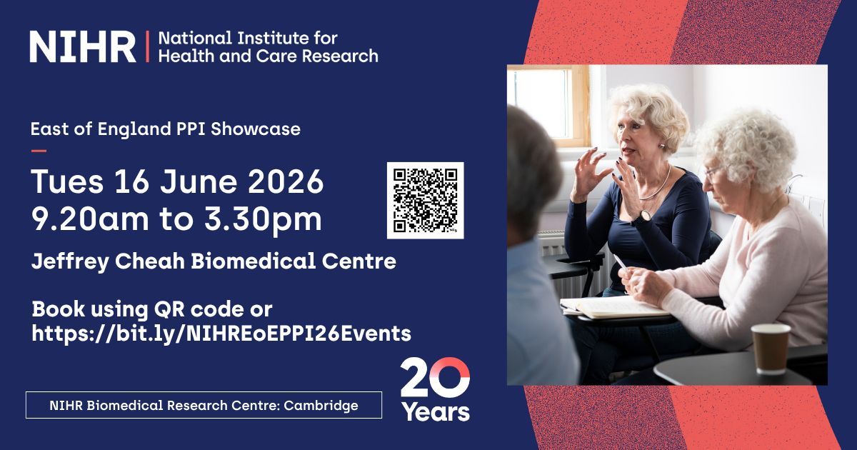 CambridgeBRC's tweet photo. Join us for our East of England Patient &amp; Public Involvement (PPI) showcase on 16 June @CUH_NHS. A FREE event for members of the public &amp; researchers to celebrate how PPI impacts #research. There will be talks, posters &amp; a light lunch. Book https://t.co/ow9eGFvX3n 
@NIHRresearch https://t.co/kuRHqXyqKr