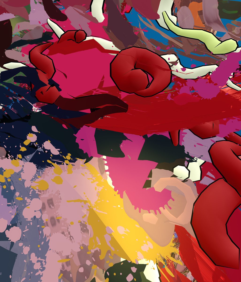 _AlisonGoodyear's tweet photo. More views from my new virtual abstract painting 'Pesky Varmint'. It's a bit unruly and mischievous; bright in palette and kinetic in gesture, brushstrokes that gyrate, oscillate and pulse, creating a disruptive energy! Made with #OpenBrush #VRart #vab #PaintRave #AlisonGoodyear https://t.co/sCdyreziQA