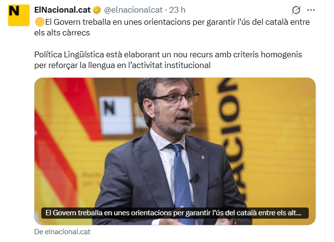 Conseller <a href="/VilaFx/">F. Xavier Vila</a>: als governs anteriors no els calia cap instrucció. 

L'alegria amb l'ús del castellà del President, de molts dels Consellers i alts càrrecs és insòlita. 

És deplorable que els membres del <a href="/govern/">Govern de Catalunya</a>  no s'expressin en la llengua pròpia del país.