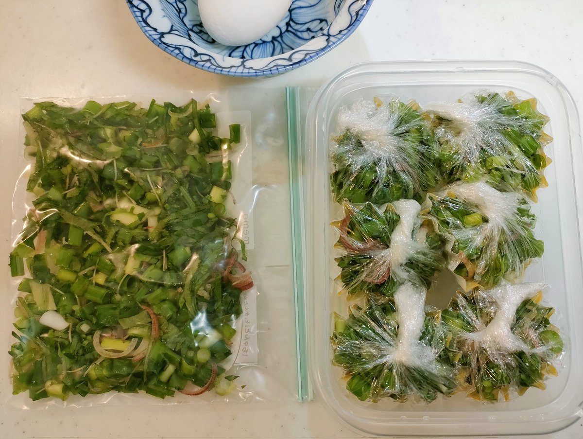 ebiloveman's tweet photo. 冷たい麺の季節到来しとるね🌡️
薬味は冷凍しておくといいと今更知ったので、うどん弁当用にも仕込んでみます🙆 https://t.co/dbN2KLNzg3