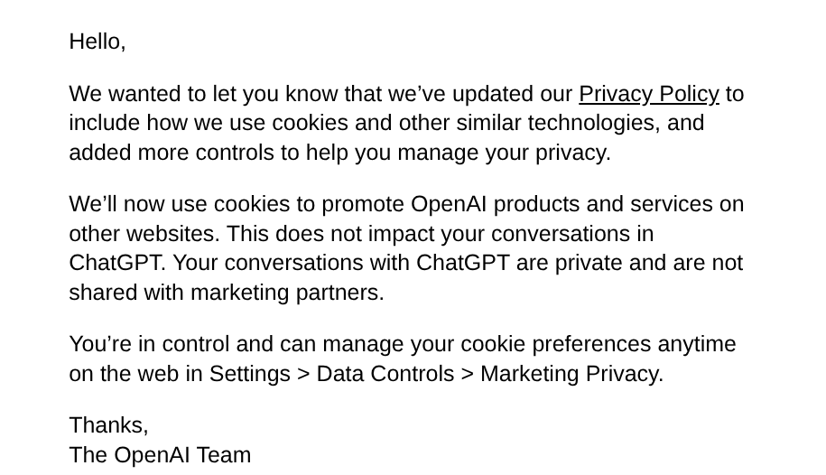 FirstDataUnion's tweet photo. OpenAI just updated its privacy policy 📧
'Your conversations are private' 🔒
But here's what they CAN do:
🍪 Track you with cookies
📧 Share your email + device IDs with ad platforms
🎯 Target you across the web
📊 Track ad conversions
ON by default for free users ✅
Private chats ≠ private YOU.
The enshittification cycle continues ⚡
This is why we need data unions 🏗️