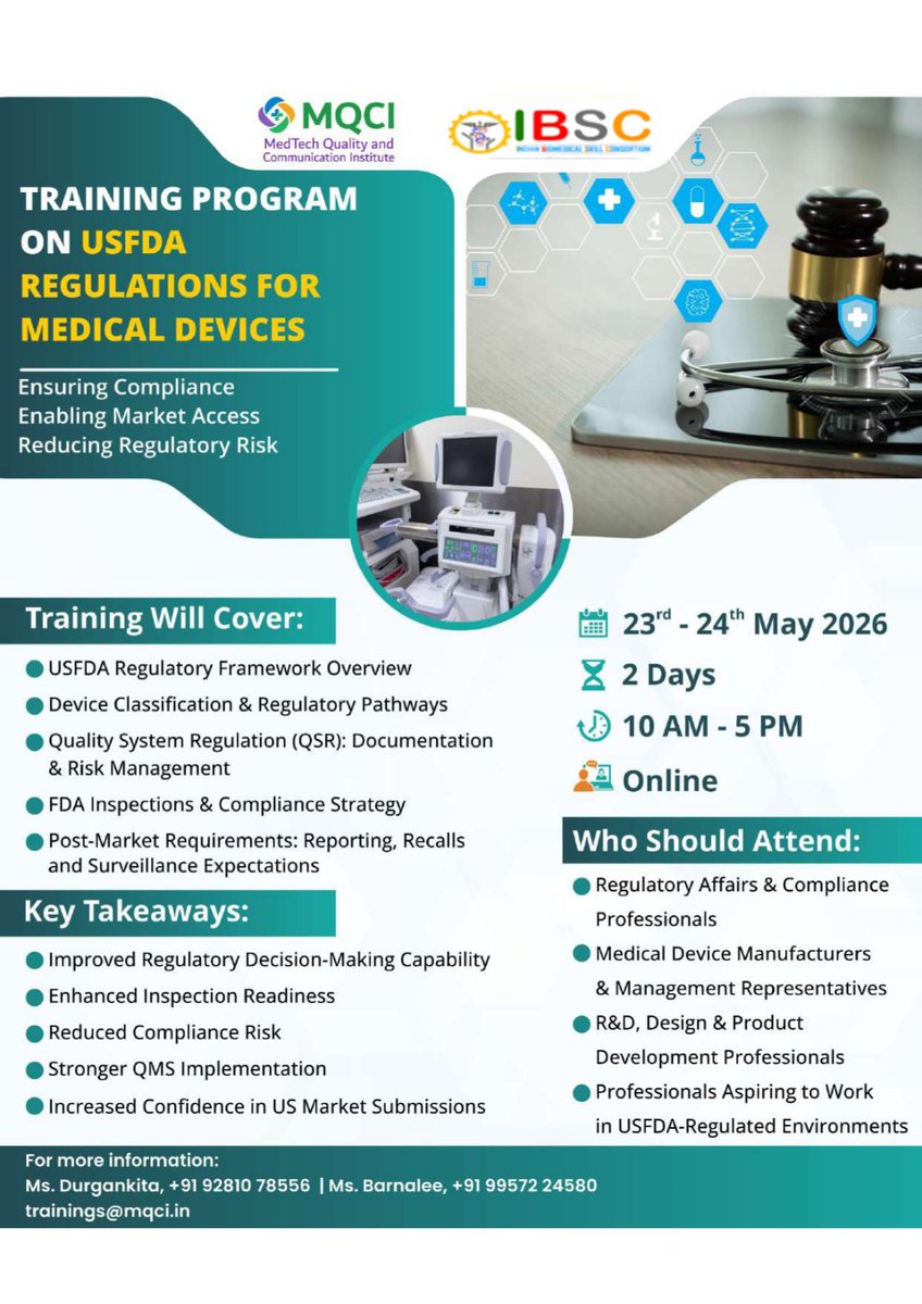 MQCI_info's tweet photo. ✨Ready to strengthen your #regulatory #strategy and #FDA #inspection readiness?

✨Join @MQCI_info #USFDA #Workshop to decode #device classification, #QSR, and #compliance #strategies.

✨📅 May 23–24, 2026

✨Register now:  https://t.co/jodNSlJuCE

#MedTech #RegulatoryAffairs https://t.co/tMI7jfbsxL