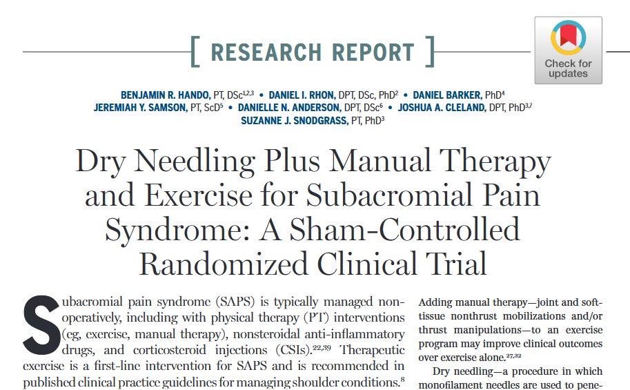 #DryNeedling plus Manual Therapy and Exercise for Subacromial Pain Syndrome

A Sham-Controlled #RandomizedClinicalTrial now in <a href="/JOSPT/">JOSPT Community</a> ➡️ ow.ly/BKMN50XYtcg

#Shoulder #Pain #PhysicalTherapy #yourJOSPT