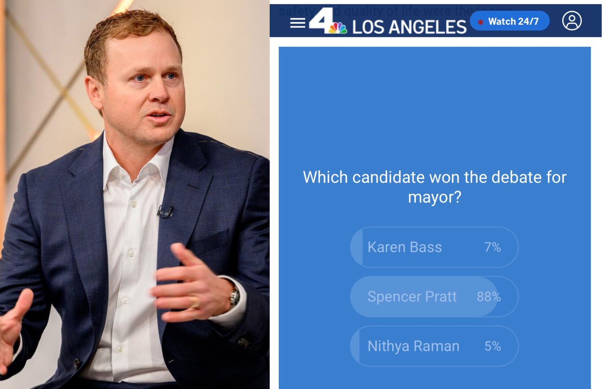 🚨 LA MAYOR POLL: A whopping 88% say that <a href="/spencerpratt/">Spencer Pratt</a> WON the Mayoral debate last night.

Spencer Pratt: 88%
Karen Bass: 7%
Nithya Rama: 5%

It wasn’t even close.