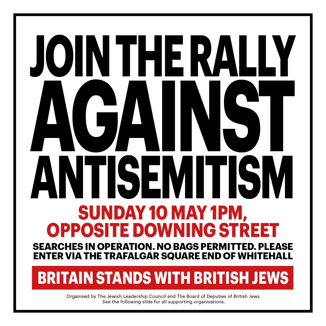 JLC_uk's tweet photo. This Sunday, 1pm, outside Downing Street. Join us in standing with British Jews against the rise of anti-Jewish hate. See you there. No Bags Permitted. Searches in Place. Entrance ONLY via Trafalgar Sqaure End of Whitehall or Whitehall Place. https://t.co/raGv7nAIho