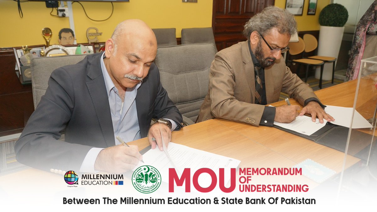 TME_Pakistan's tweet photo. TME x SBP
A partnership driven by purpose, progress, and the power of education.

The Millennium Education Group proudly signed a Memorandum of Understanding (MoU) with SBP Banking Services Corporation (SBP BSC) to foster collaboration in the areas of financial literacy, digital awareness, student engagement, training initiatives and future learning opportunities for students across Pakistan.

The MoU was officially signed by Sir Arshad Saeed Malik, CFO – The Millennium Education Group and Mr. Rizwan Khaleel Shamsi, Chief Manager – State Bank of Pakistan Banking Services Corporation.

This collaboration reflects a shared commitment towards creating informed, financially aware and future-ready youth through impactful educational initiatives and meaningful partnerships.

@StateBank_Pak @FaisalMushtaq18