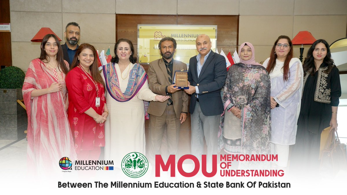 TME_Pakistan's tweet photo. TME x SBP
A partnership driven by purpose, progress, and the power of education.

The Millennium Education Group proudly signed a Memorandum of Understanding (MoU) with SBP Banking Services Corporation (SBP BSC) to foster collaboration in the areas of financial literacy, digital awareness, student engagement, training initiatives and future learning opportunities for students across Pakistan.

The MoU was officially signed by Sir Arshad Saeed Malik, CFO – The Millennium Education Group and Mr. Rizwan Khaleel Shamsi, Chief Manager – State Bank of Pakistan Banking Services Corporation.

This collaboration reflects a shared commitment towards creating informed, financially aware and future-ready youth through impactful educational initiatives and meaningful partnerships.

@StateBank_Pak @FaisalMushtaq18