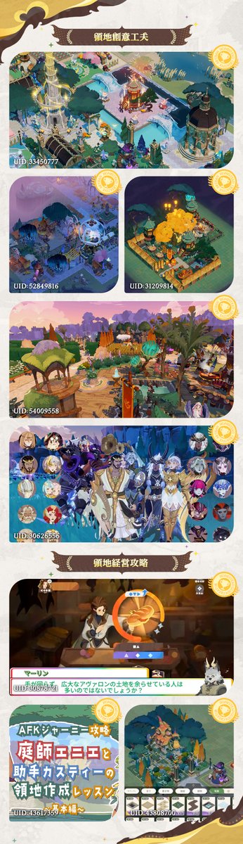 AFK_Journey_JP's tweet photo. 🎉シーズン「ジャーニーカップ」🎉
クリエーションコンテスト
領地部門＆動画部門の結果を発表！🎊

ご参加いただいたすべてのマーリン様へ、心より感謝申し上げます。

素敵な領地を公開してくださった皆様、
動画や生放送で「AFK：ジャーニー」を盛り上げてくださった皆様、
本当にありがとうございました！

※掲載している画像は一部受賞者様のみとなります。
全受賞者リストはこちら👇
🔗 https://t.co/DJMz495fCP

受賞者様には、2週間以内にゲーム内メールをお送りし、報酬配布に必要な情報をご案内いたします。

今後も皆様に楽しんでいただけるイベントをお届けしてまいりますので、ぜひ引き続きご参加ください！

たくさんのご応募、誠にありがとうございました！✨

#AFKジャーニー